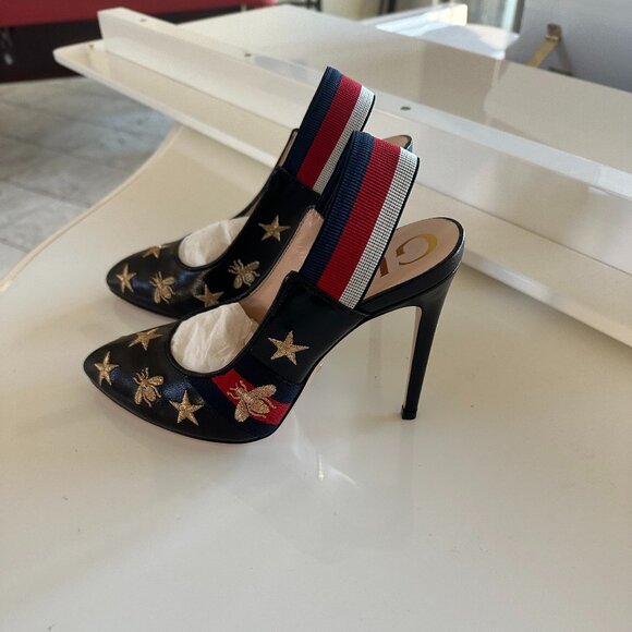 Never worn Gucci Black Leather Bee & Star Embroidered Slingback Web Pumps US 6 - Picture 3 of 4